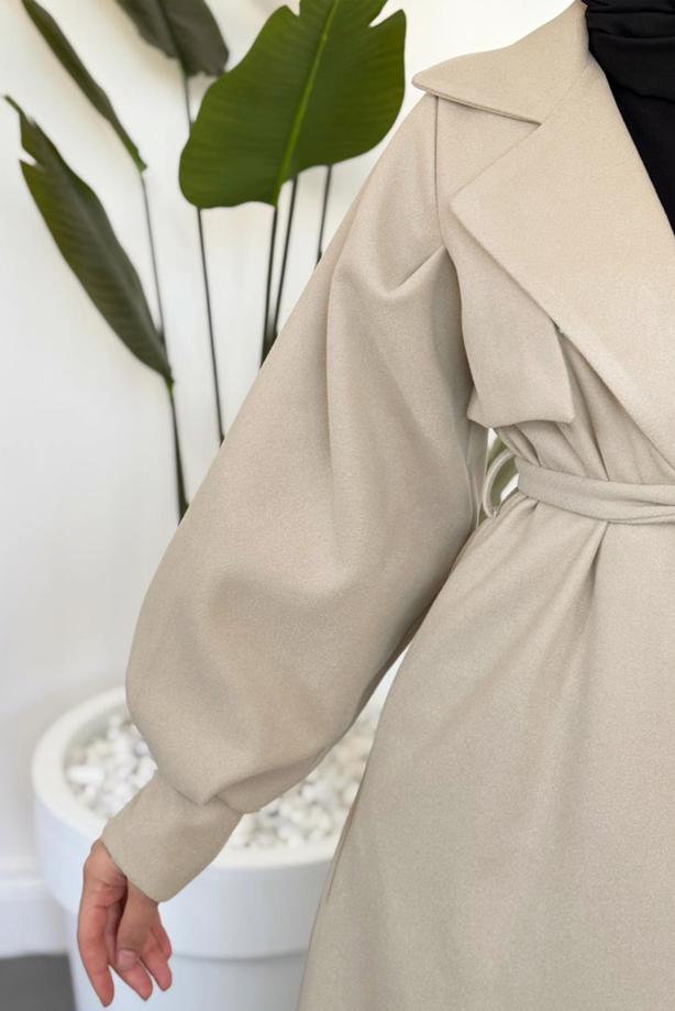 Tesettür giyim BEJ KUŞAKLI KAŞE KABAN T 3526 - TRENDTESETTÜR