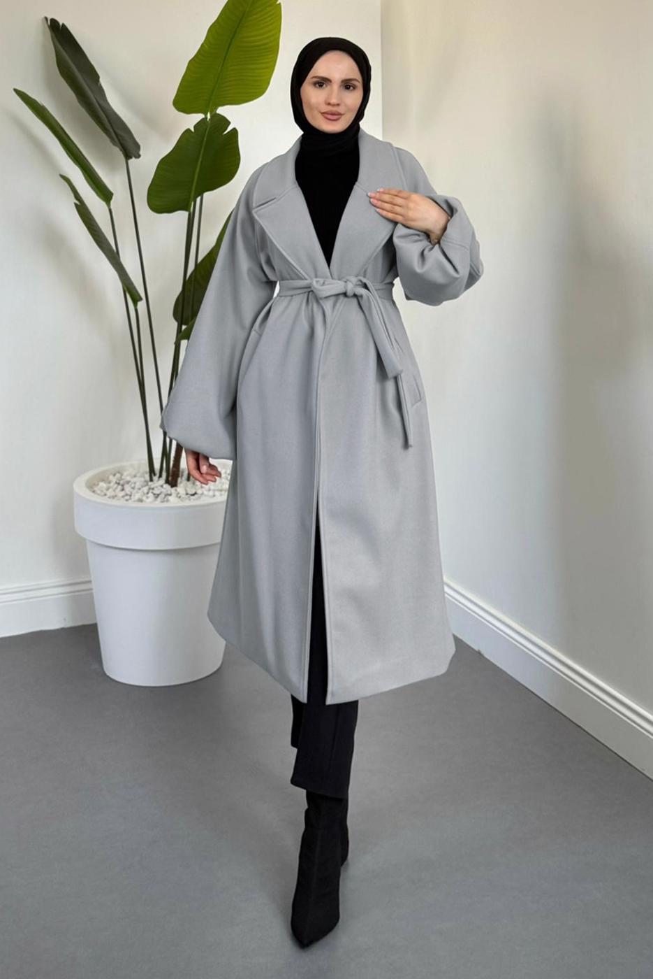 Tesettür giyim GRİ KUŞAKLI KAŞE KABAN T 3616