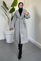 Tesettür giyim GRİ KUŞAKLI KAŞE KABAN T 3616