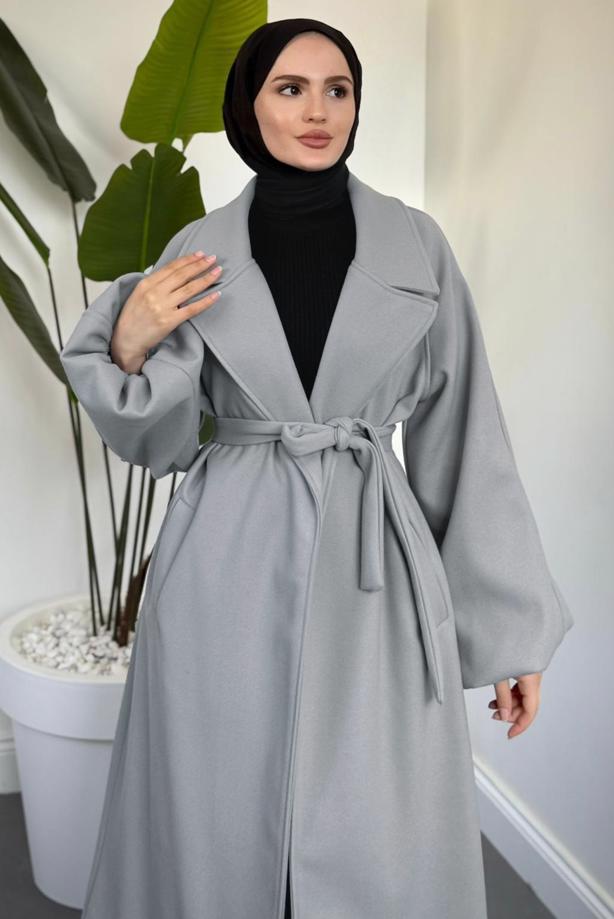 Tesettür giyim GRİ KUŞAKLI KAŞE KABAN T 3616 - TRENDTESETTÜR