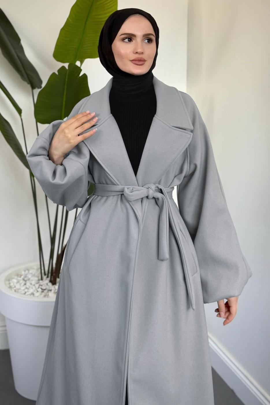 Tesettür giyim GRİ KUŞAKLI KAŞE KABAN T 3616