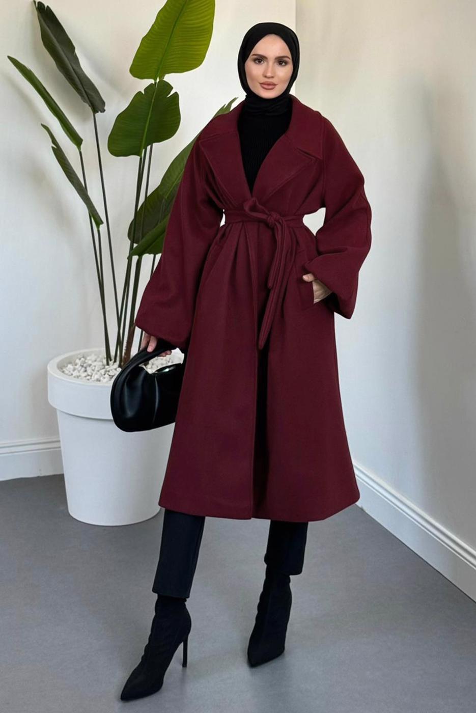 Tesettür giyim BORDO KUŞAKLI KAŞE KABAN T 3616