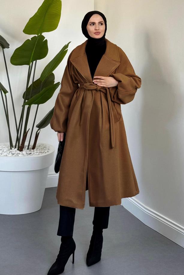 Tesettür giyim TABA KUŞAKLI KAŞE KABAN T 3616 - TRENDTESETTÜR