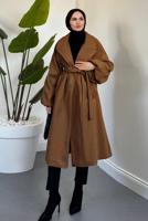 Tesettür giyim TABA KUŞAKLI KAŞE KABAN T 3616