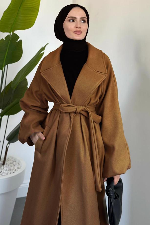Tesettür giyim TABA KUŞAKLI KAŞE KABAN T 3616 - TRENDTESETTÜR