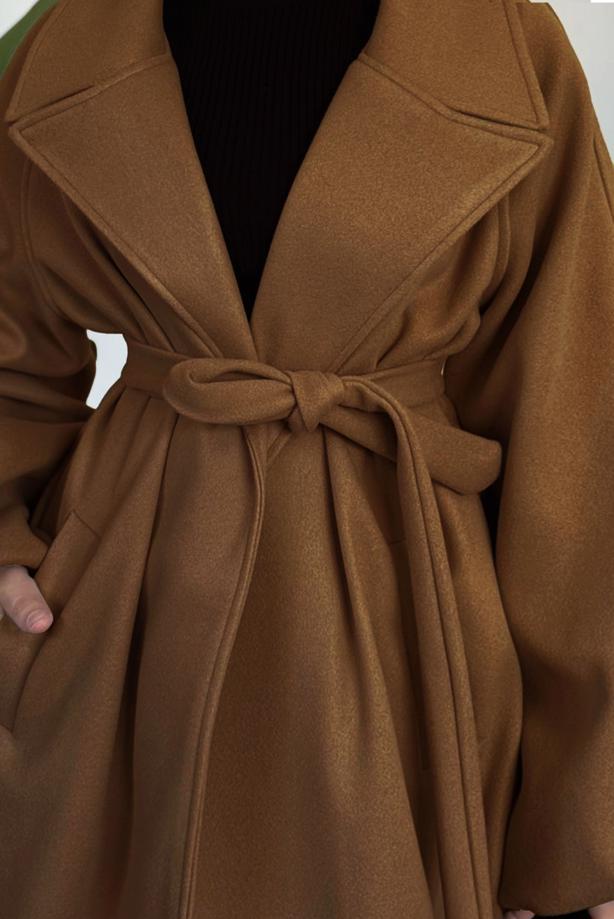 Tesettür giyim TABA KUŞAKLI KAŞE KABAN T 3616 - TRENDTESETTÜR