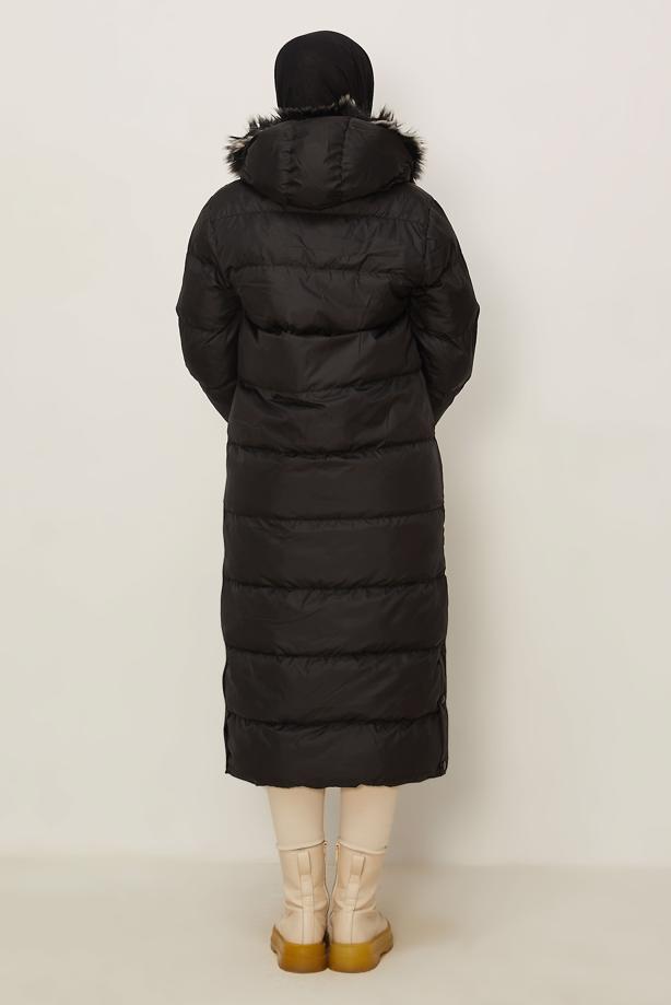 Tesettür giyim SİYAH KAPÜŞONLU KABAN T 3819 - TRENDTESETTÜR