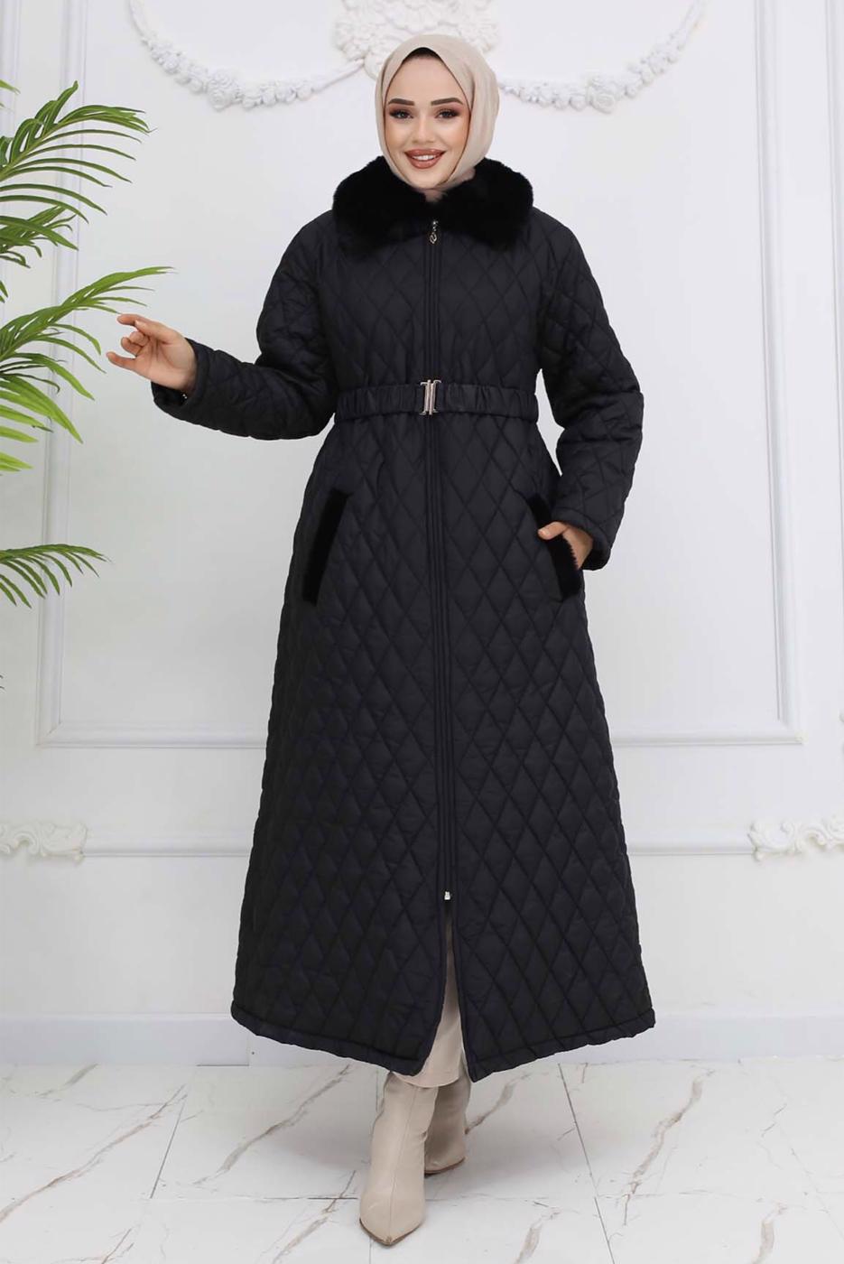 Tesettür giyim SİYAH KÜRK DETAYLI MANTO T 4094