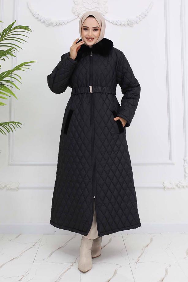 Tesettür giyim SİYAH KÜRK DETAYLI MANTO T 4094 - TRENDTESETTÜR