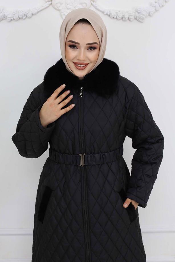 Tesettür giyim SİYAH KÜRK DETAYLI MANTO T 4094 - TRENDTESETTÜR