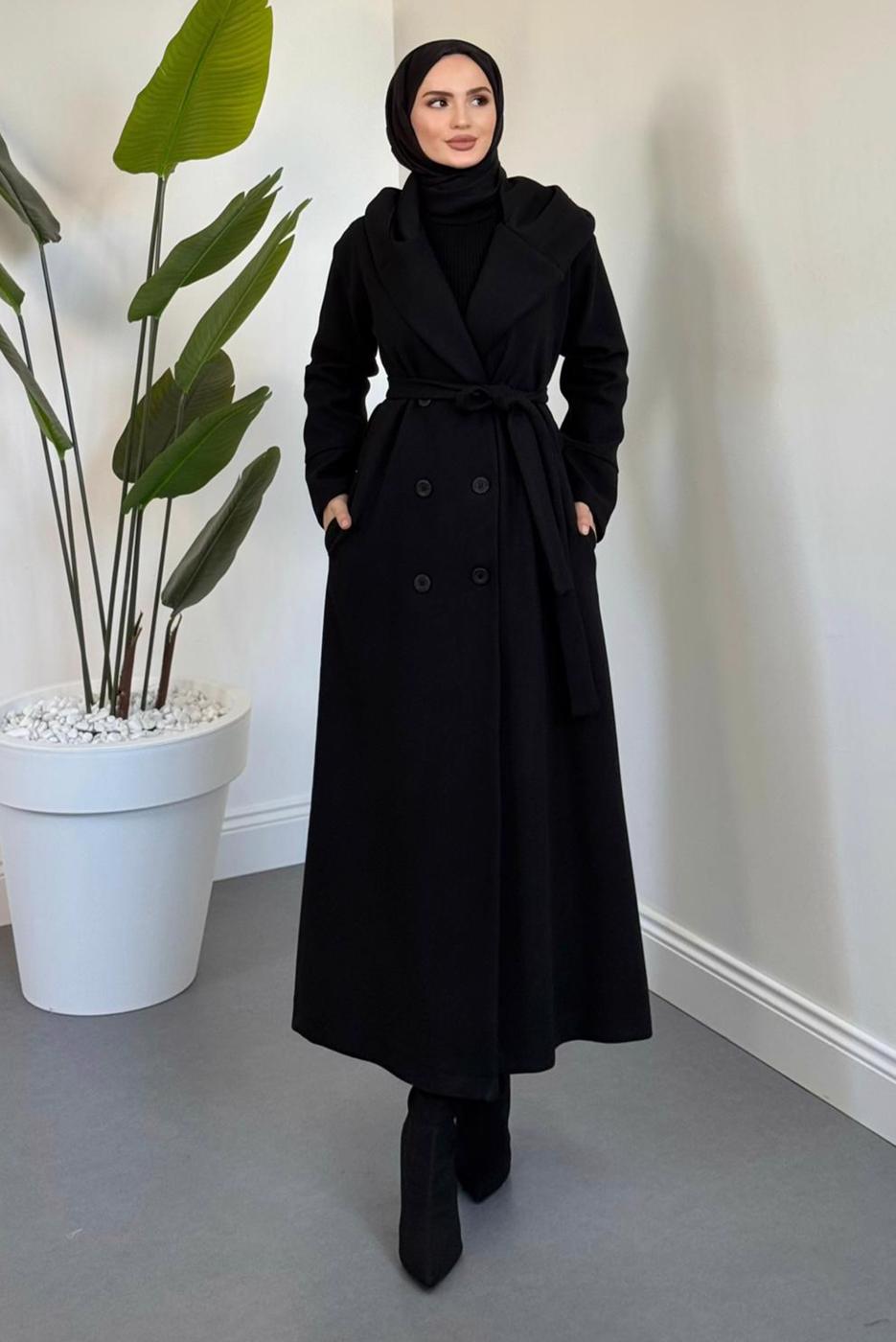 Tesettür giyim SİYAH KAPÜŞONLU KUŞAKLI KABAN T 4326