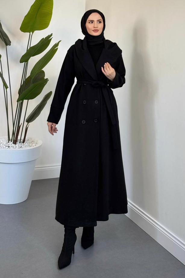 Tesettür giyim SİYAH KAPÜŞONLU KUŞAKLI KABAN T 4326 - TRENDTESETTÜR