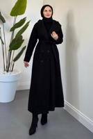 Tesettür giyim SİYAH KAPÜŞONLU KUŞAKLI KABAN T 4326