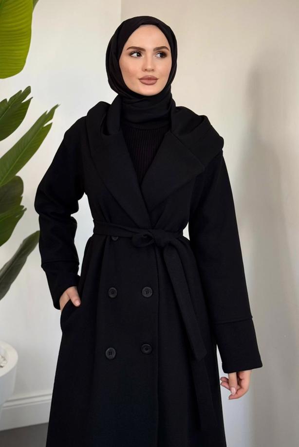 Tesettür giyim SİYAH KAPÜŞONLU KUŞAKLI KABAN T 4326 - TRENDTESETTÜR