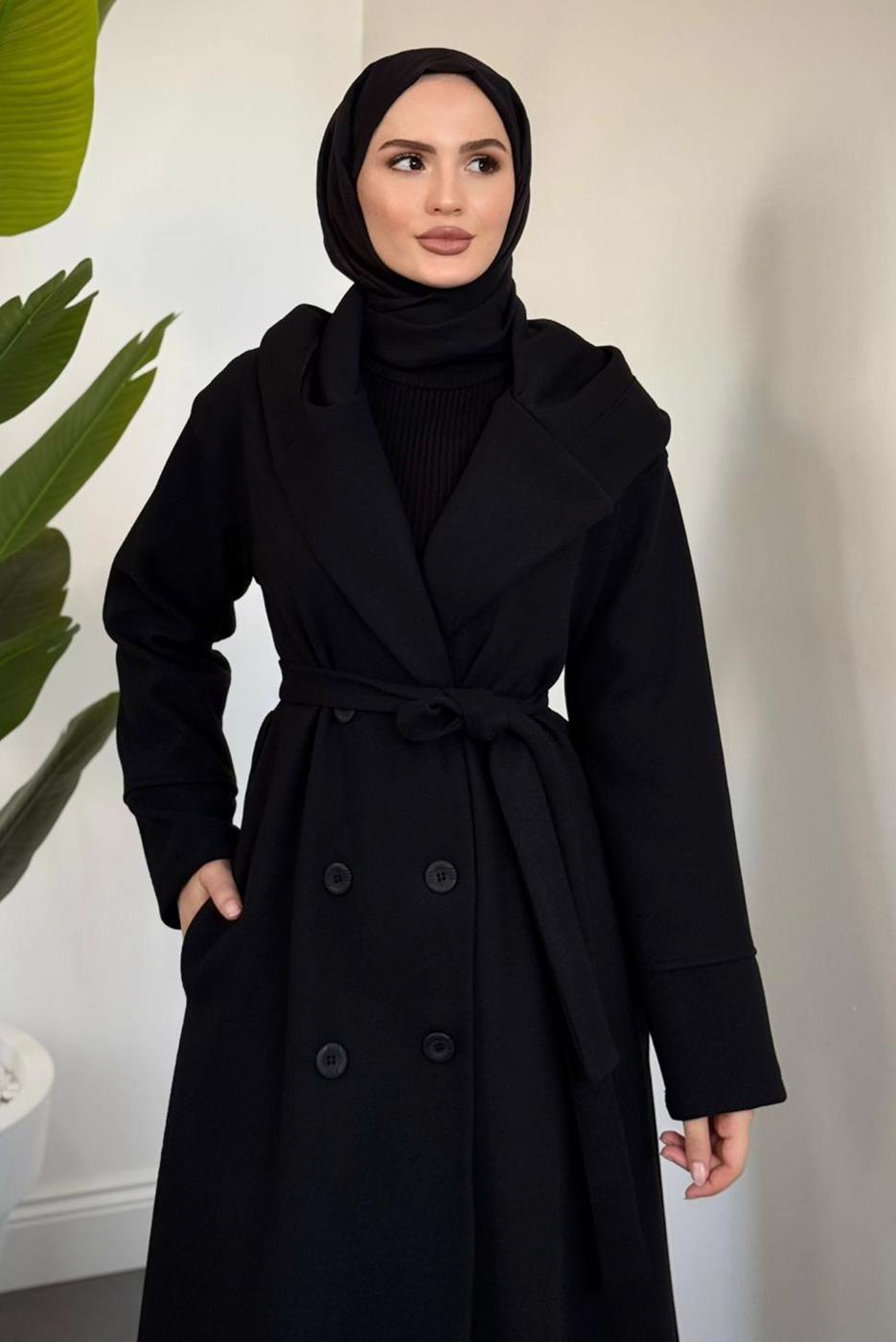 Tesettür giyim SİYAH KAPÜŞONLU KUŞAKLI KABAN T 4326