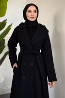 Tesettür giyim SİYAH KAPÜŞONLU KUŞAKLI KABAN T 4326