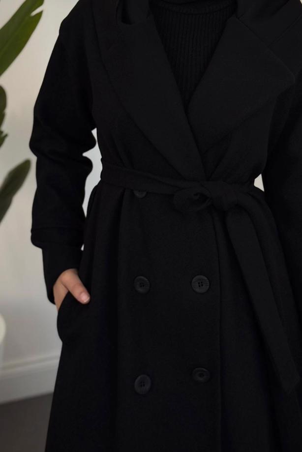 Tesettür giyim SİYAH KAPÜŞONLU KUŞAKLI KABAN T 4326 - TRENDTESETTÜR