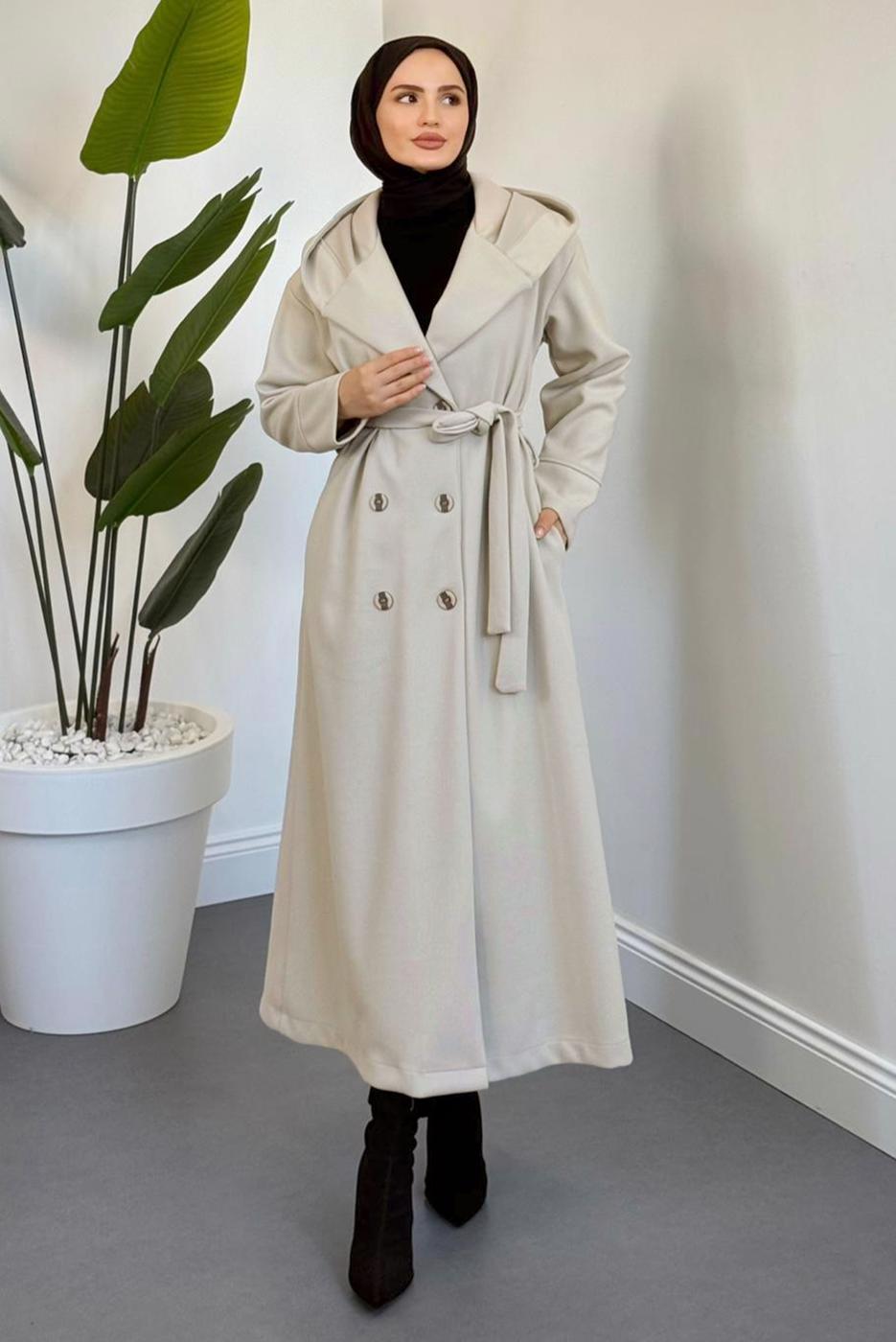 Tesettür giyim BEJ KAPÜŞONLU KUŞAKLI KABAN T 4326