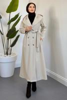 Tesettür giyim BEJ KAPÜŞONLU KUŞAKLI KABAN T 4326