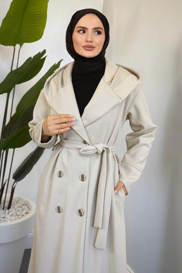 Tesettür giyim BEJ KAPÜŞONLU KUŞAKLI KABAN T 4326 - TRENDTESETTÜR