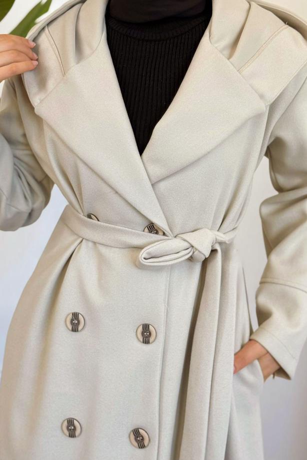 Tesettür giyim BEJ KAPÜŞONLU KUŞAKLI KABAN T 4326 - TRENDTESETTÜR