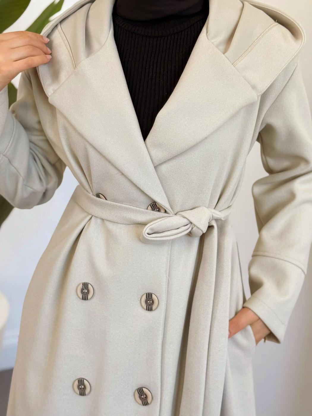 Tesettür giyim BEJ KAPÜŞONLU KUŞAKLI KABAN T 4326