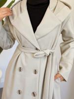 Tesettür giyim BEJ KAPÜŞONLU KUŞAKLI KABAN T 4326