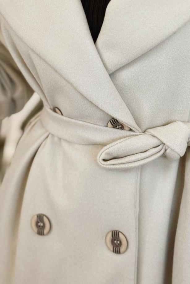 Tesettür giyim BEJ KAPÜŞONLU KUŞAKLI KABAN T 4326 - TRENDTESETTÜR