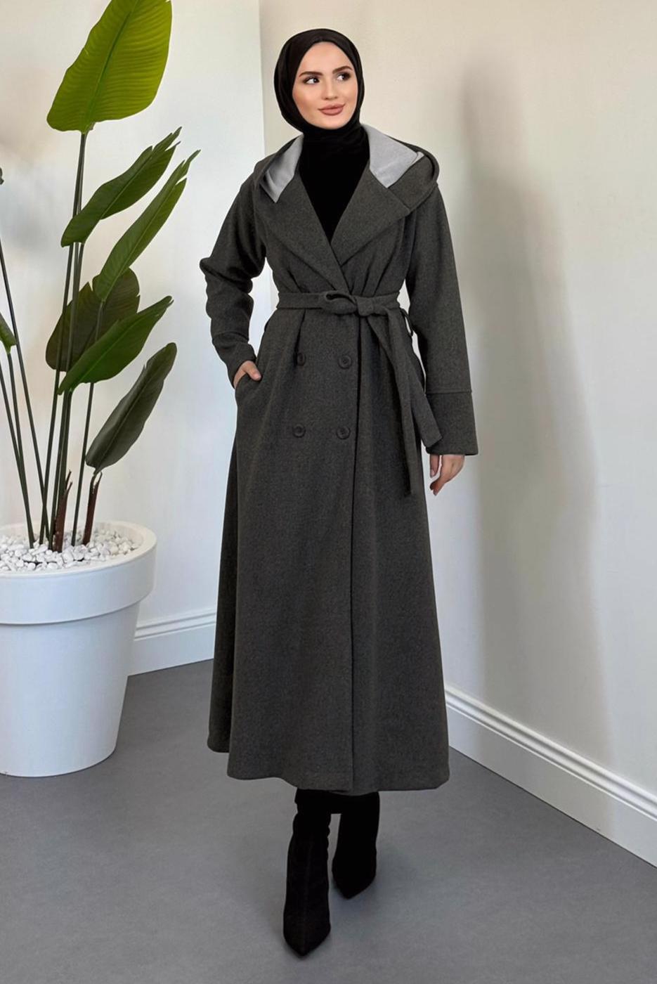 Tesettür giyim GRİ KAPÜŞONLU KUŞAKLI KABAN T 4326