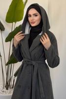 Tesettür giyim GRİ KAPÜŞONLU KUŞAKLI KABAN T 4326