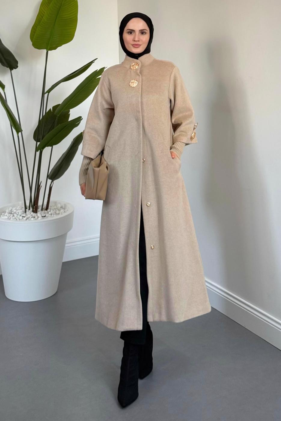 Tesettür giyim BEJ KAŞE KABAN T 4526