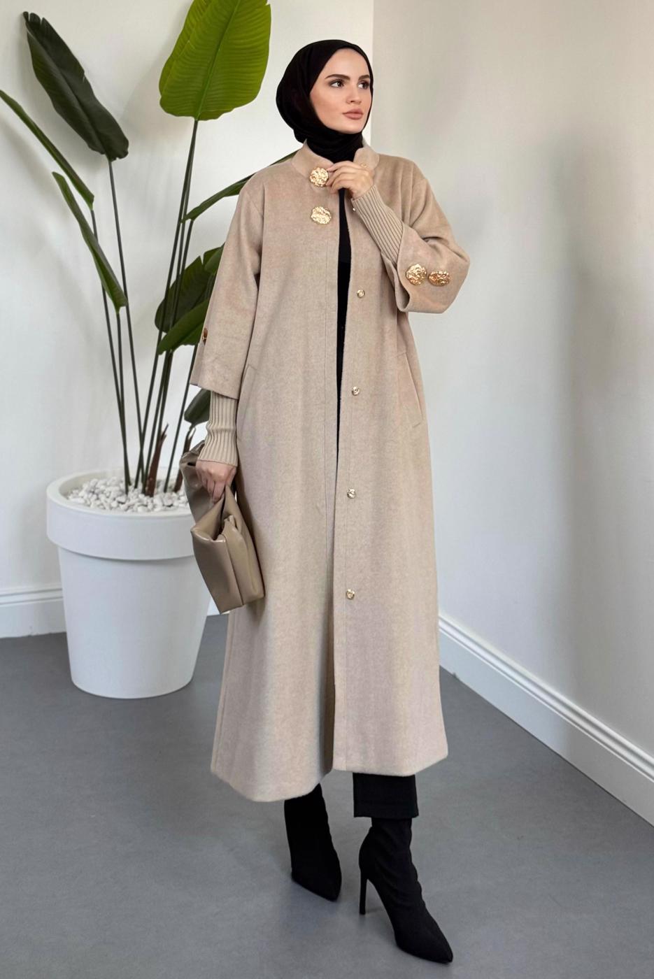 Tesettür giyim BEJ KAŞE KABAN T 4526