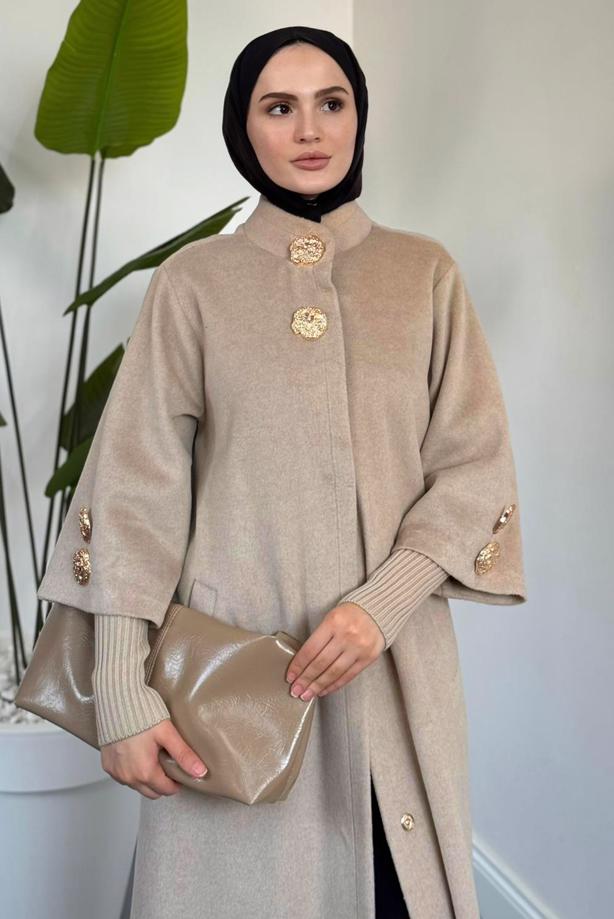 Tesettür giyim BEJ KAŞE KABAN T 4526 - TRENDTESETTÜR