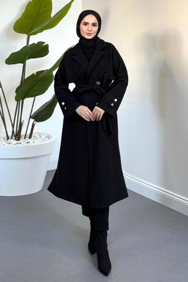 Tesettür giyim SİYAH KUŞAKLI KABAN T 4626 - TRENDTESETTÜR