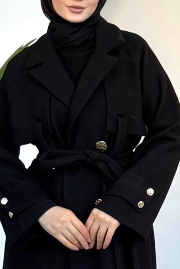 Tesettür giyim SİYAH KUŞAKLI KABAN T 4626 - TRENDTESETTÜR