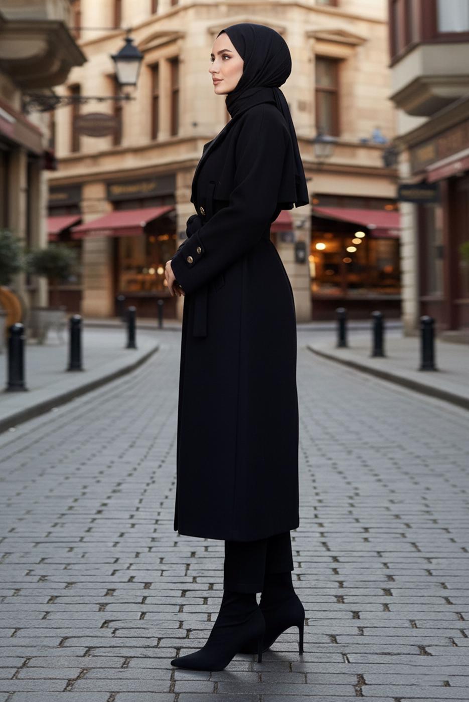 Vêtements hijab NOIR MANTEAU CEINTURE T 4626