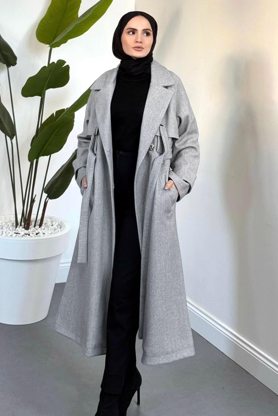 Hijab clothing GREY BELTED COAT T 4626