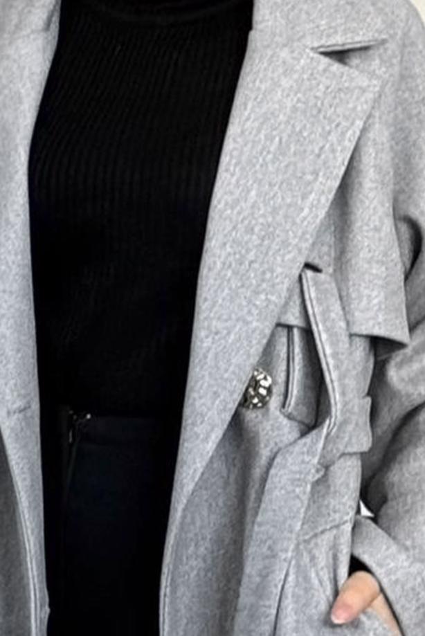 Tesettür giyim GRİ KUŞAKLI KABAN T 4626 - TRENDTESETTÜR