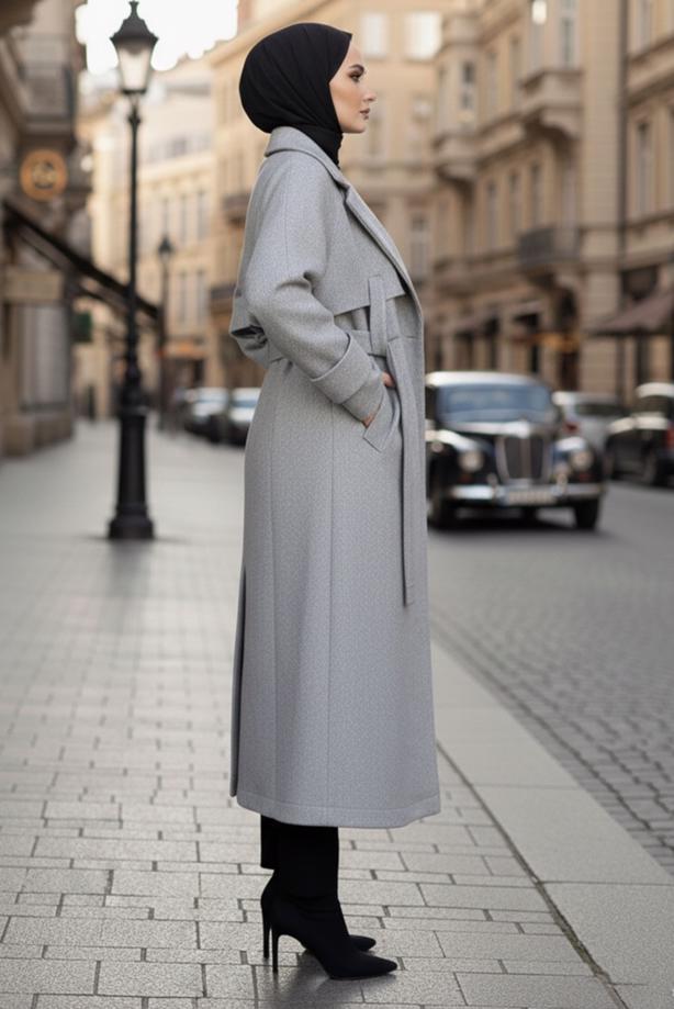 Hijab clothing GREY BELTED COAT T 4626 - TRENDTESETTÜR