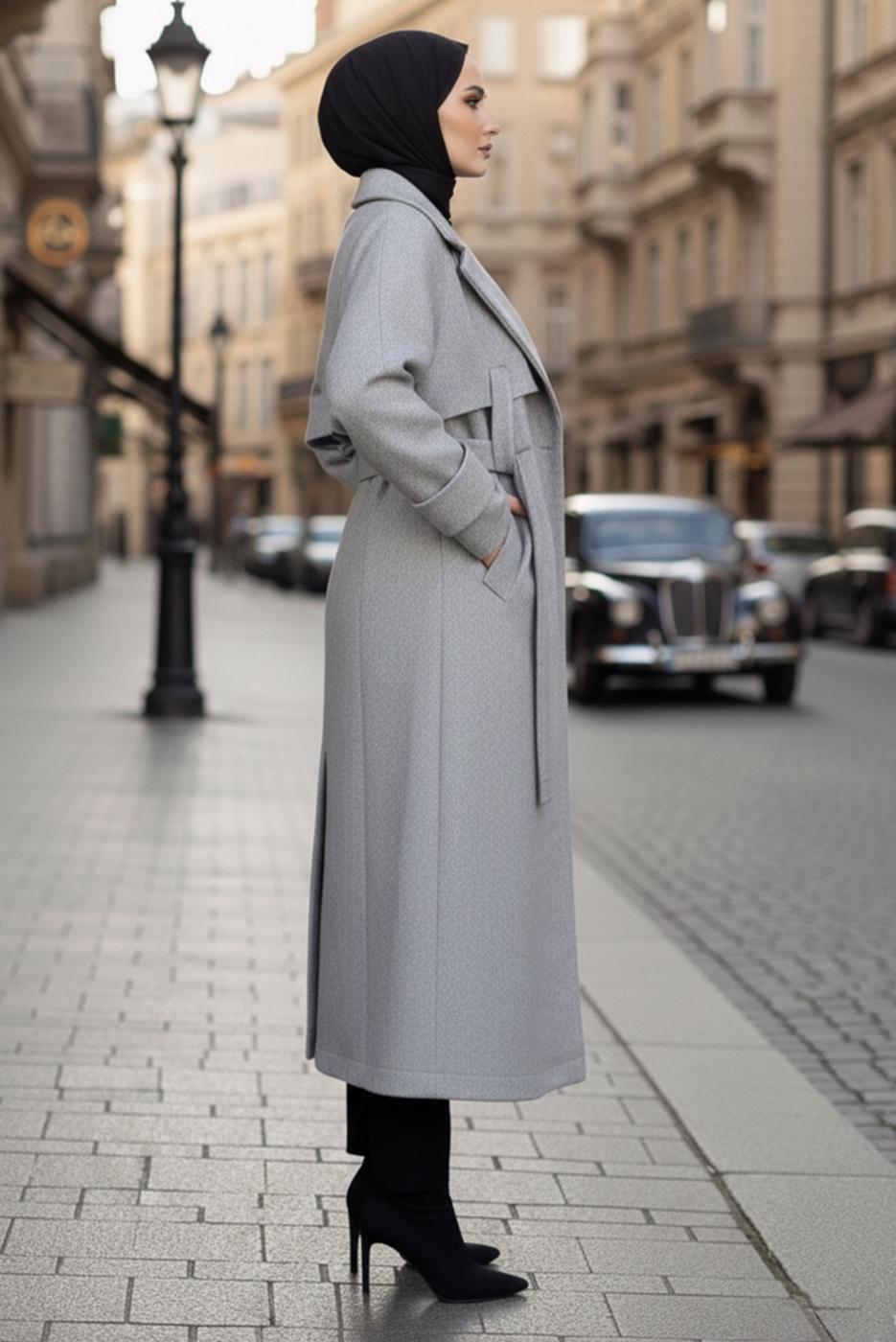 Hijab clothing GREY BELTED COAT T 4626