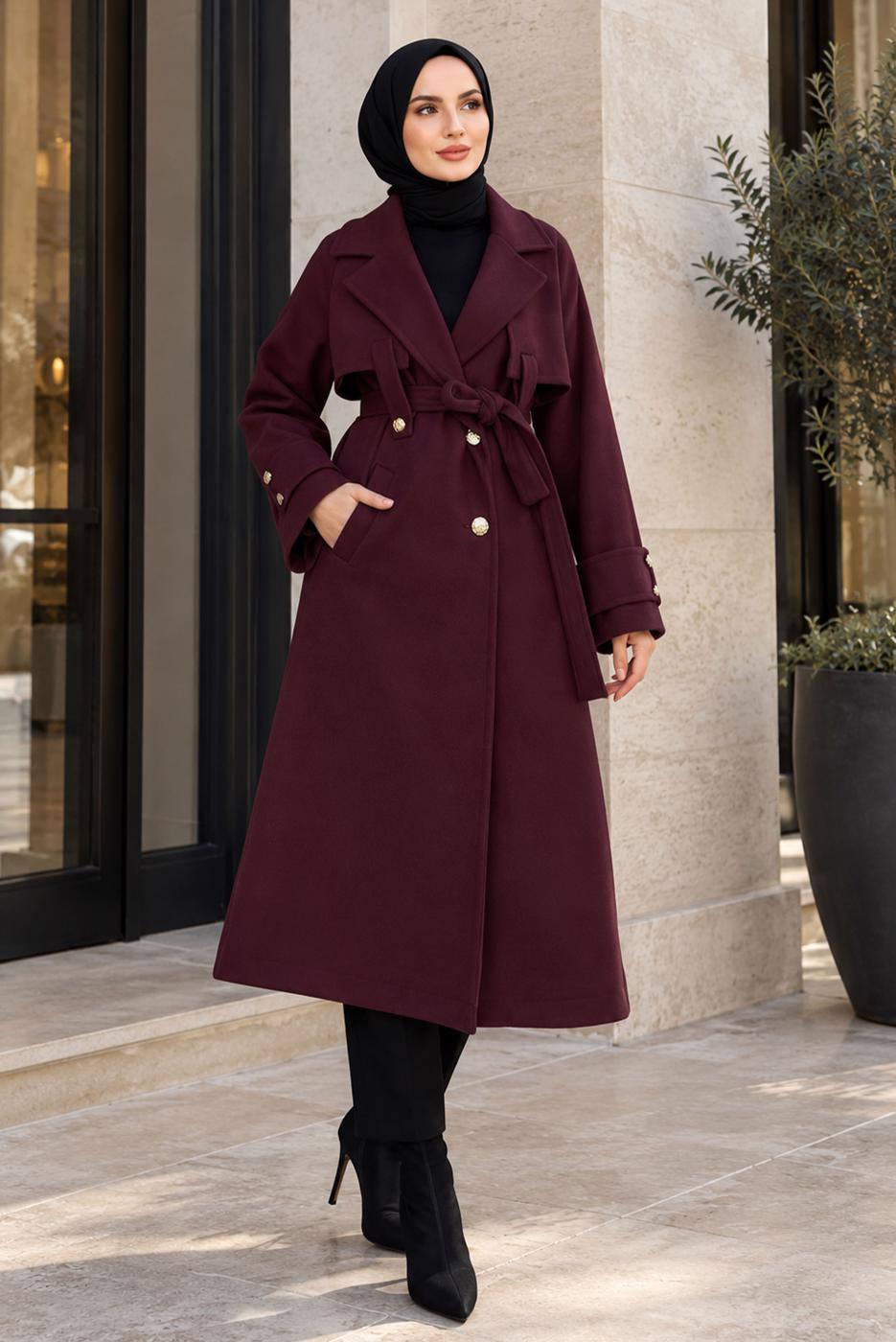 Hijab clothing CLARET RED BELTED COAT T 4626