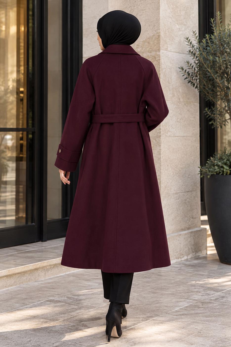 Hijab clothing CLARET RED BELTED COAT T 4626