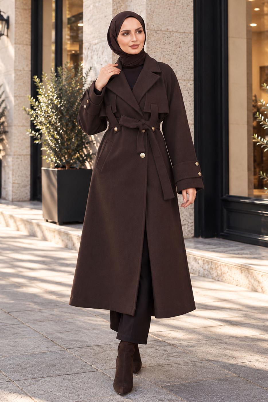 Hijab clothing BROWN BELTED COAT T 4626