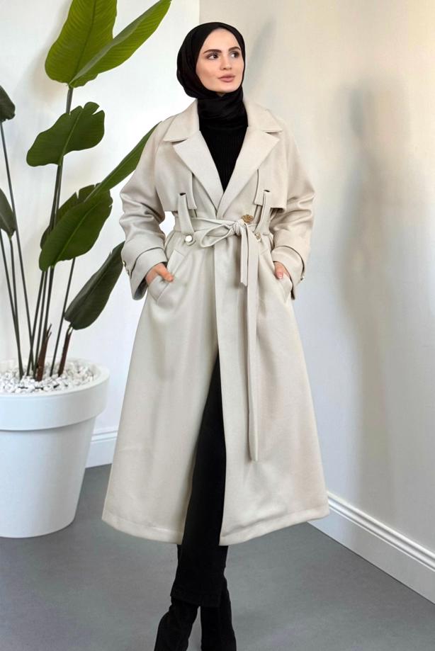 Tesettür giyim BEJ KUŞAKLI KABAN T 4626 - TRENDTESETTÜR