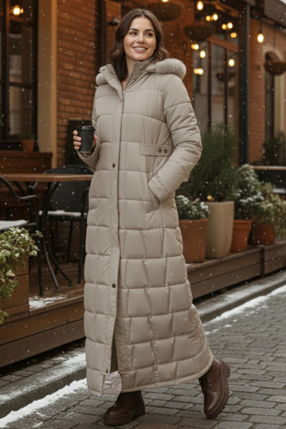 Hijab clothing BEIGE HOODED QUILTED COAT T 5002