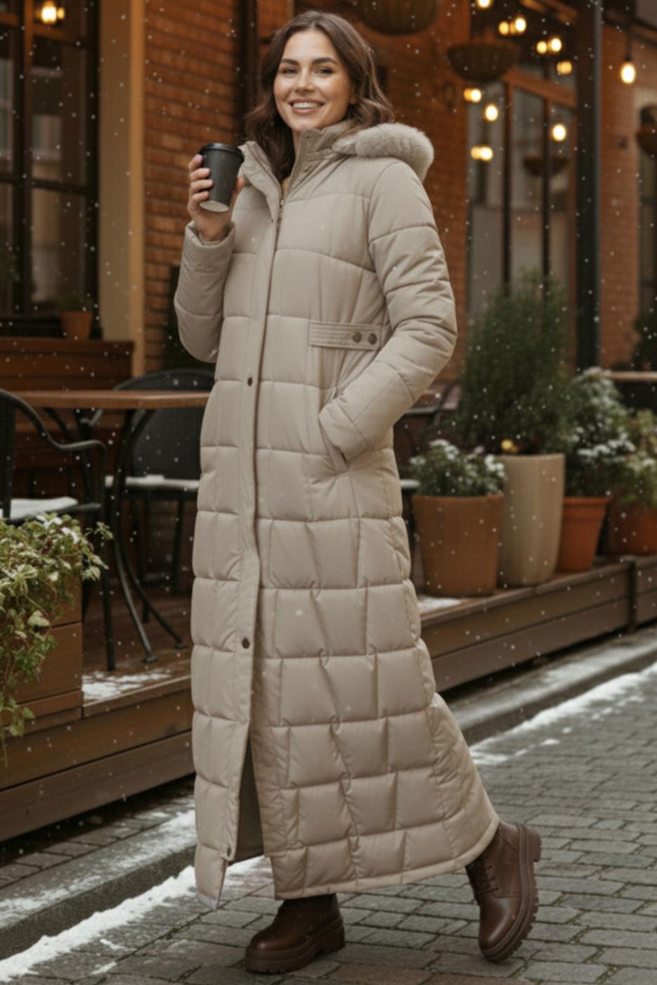 Hijab clothing BEIGE HOODED QUILTED COAT T 5002