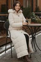 Tesettür giyim BEJ KAPÜŞONLU KAPİTONE KABAN T 5002