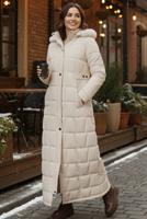 Tesettür giyim BEJ KAPÜŞONLU KAPİTONE KABAN T 5002