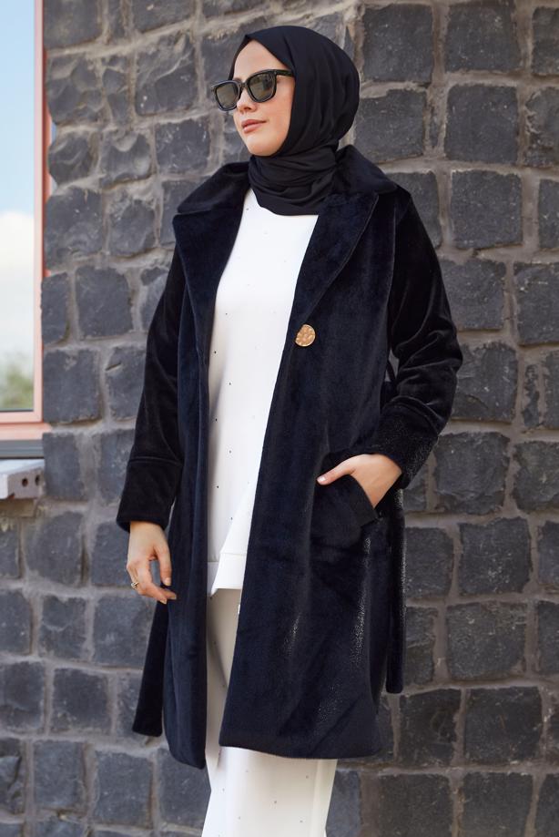 Hijab clothing BLACK BELTED COAT T 5426 - TRENDTESETTÜR