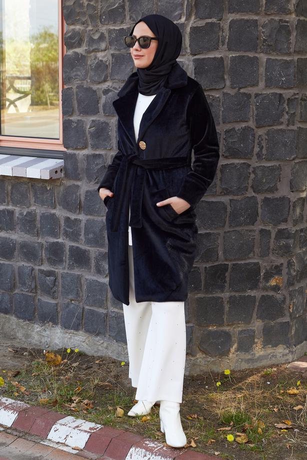 Hijab clothing BLACK BELTED COAT T 5426 - TRENDTESETTÜR